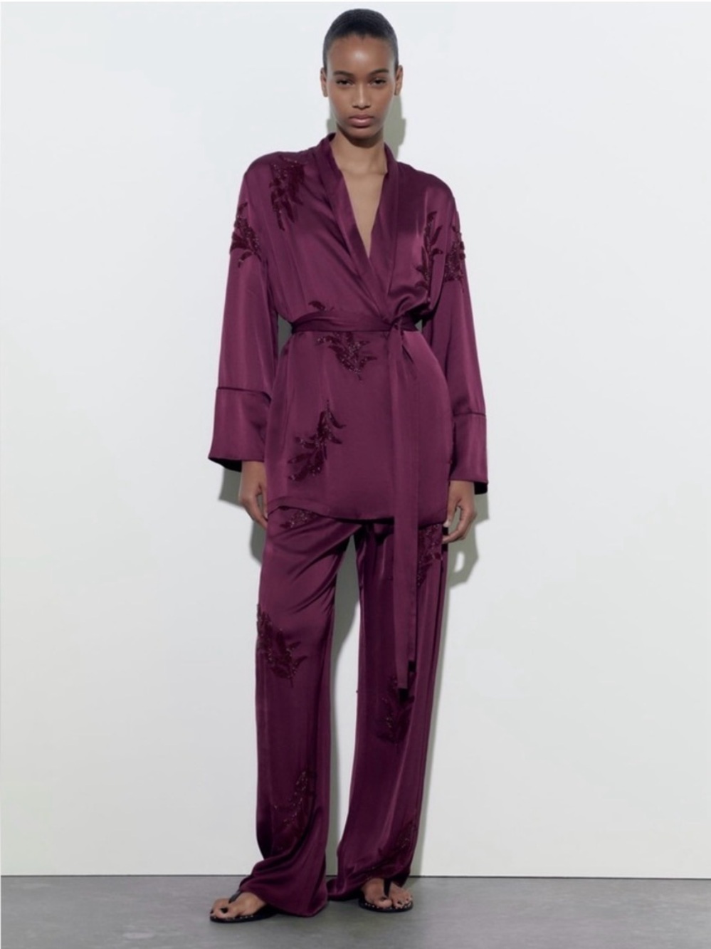 Zara Beaded Kimono Robe | Blogger Favourite Plum Viscose Wrap Jacket XL - Picture 2 of 10